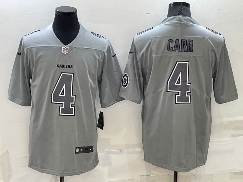 Men's Las Vegas Raiders #4 Derek Carr Grey With Patch Atmosphere Fashion Stitched Jersey Men's Las Vegas Raiders #4 Derek Carr Grey With Patch Atmosphere Fashion Stitched Jersey